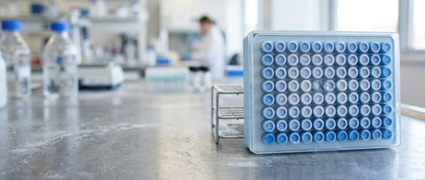 Cryogenic storage tray with sample vial in laboratory setting