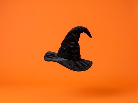 Elegant black velvet witch hat floating against a vibrant orange background with copy space