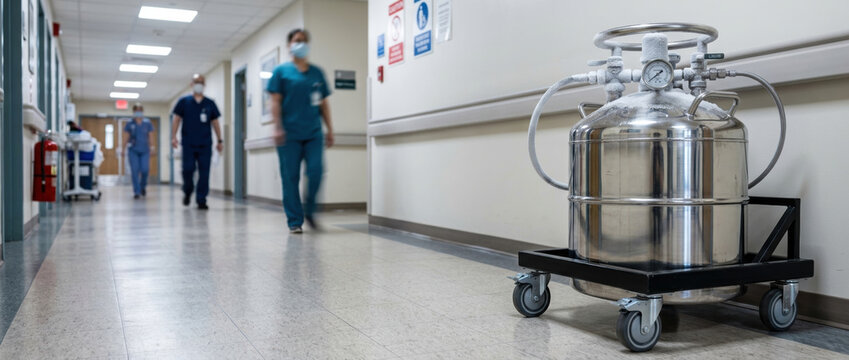 Cryogenic storage vessel transported through hospital corridor with medical staff nearby