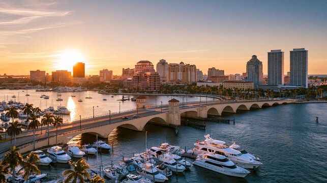 Aerial view of West Palm Beach skyline and luxury yachts during a vibrant golden hour sunset. Ideal for travel, tourism, and real estate marketing concepts.