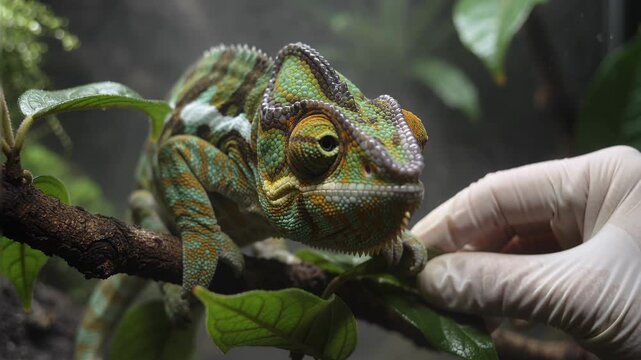 A chameleon perched on a branch beside a gloved hand. Close-up sequence showing reptile handling, camouflage, and wildlife care