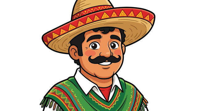 Cartoon illustration depicts a man wearing a sombrero and traditional poncho