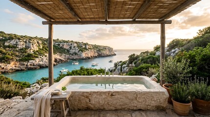 Naklejka na ściany i meble Luxurious outdoor bathtub overlooking serene ocean bay at sunset
