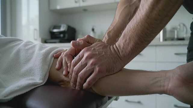 Therapist performing manual arm therapy on a patient in a clinic. Close-up sequence showing hands-on physical treatment and musculoskeletal care