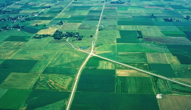 Aerial view of a patchwork landscape with green fields and intersecting rural roads in summer
