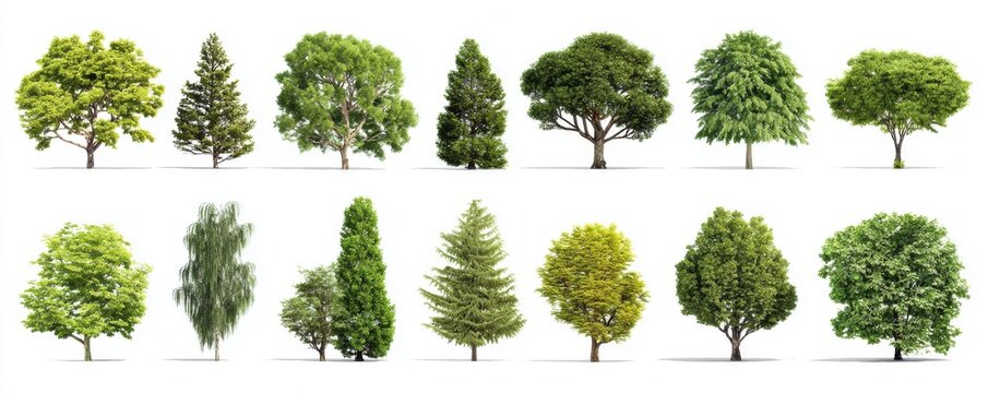 Collection of various green trees isolated on a white background for landscape design and environmental concepts