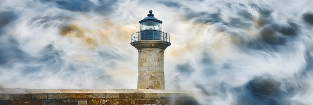 A serene stone lighthouse standing firm amidst the churning swirls of a tumultuous ocean storm.