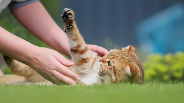 A happy tabby cat on green grass plays with a woman's hands in slow motion on a beautiful day with a blurry background.