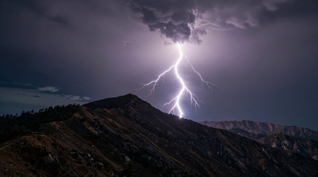 A breathtaking lightning strike lights up the night sky above rugged mountains, showcasing nature's power and beauty through a vivid display of electric energy.