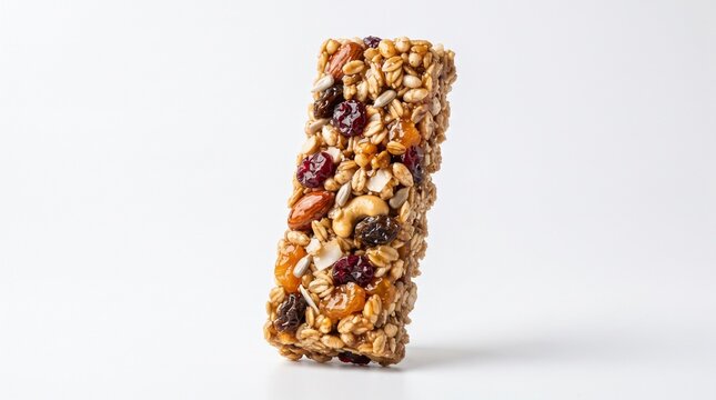 Hearty oat and dried fruit granola bar sticky honey binding, isolated on white background 8k realistic portrait