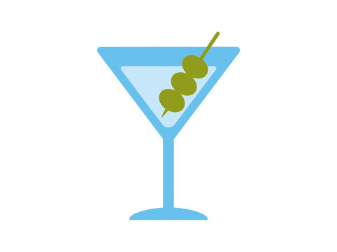 Blue cocktail glass with green olives on a stick graphic icon