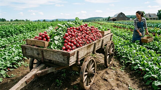 Farmers harvesting fresh red radishes in a rural field.