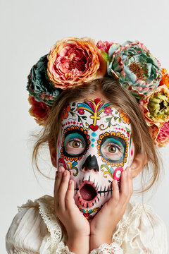Day of the Dead Costume on White Background with Surprised Girl Wearing Flower Crown and Skull Makeup