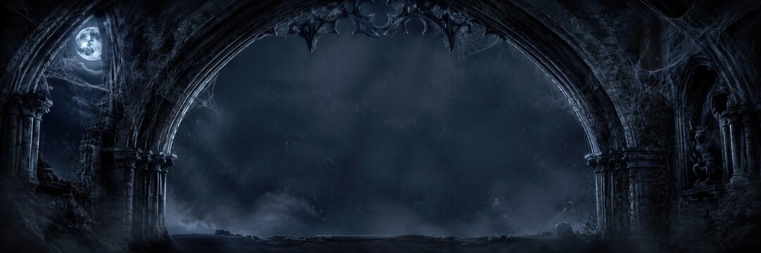 Dark gothic castle arch with full moon and fog at night. Spooky ruins interior with cobwebs and mist. Banner with copy space