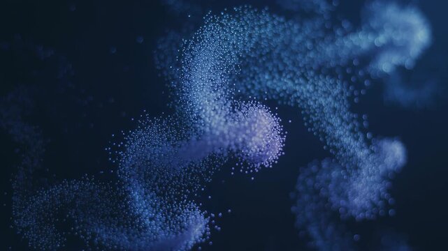 Abstract blue particles pulse and drift across a dark digital background, forming a flowing data visualization about technology and connectivity