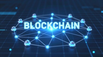 Fototapeta premium This image showcases a digital blockchain network with bright text and connecting nodes, symbolizing innovation in technology and finance.