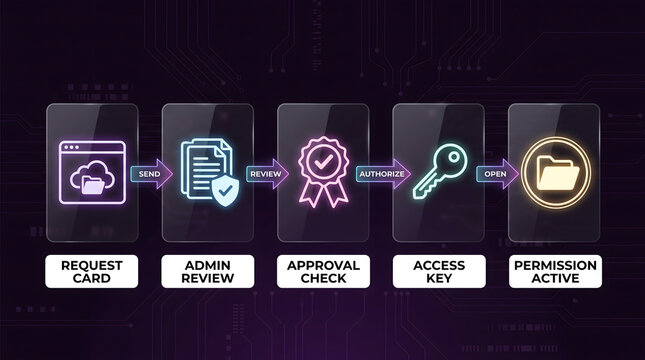 Cybersecurity permission workflow infographic showing request card, admin review, approval check, access key, active access