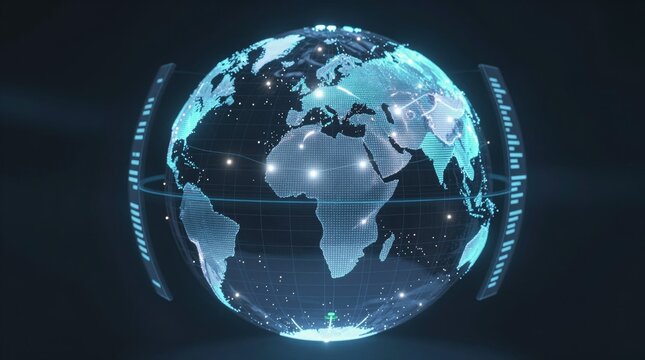 A futuristic digital globe featuring intricate data visualization, interconnected nodes, showcasing global interactions and network patterns in a modern aesthetic