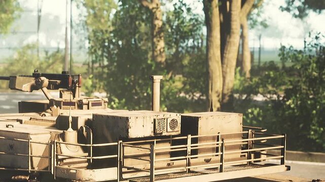 A rugged military vehicle stands still in a lush green forest, bathed in warm sunlight. Surrounding trees create a tranquil backdrop, highlighting its formidable presence and engineering.