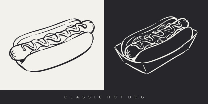 Classic hot dog hand drawn vector illustrations with mustard on light and dark backgrounds