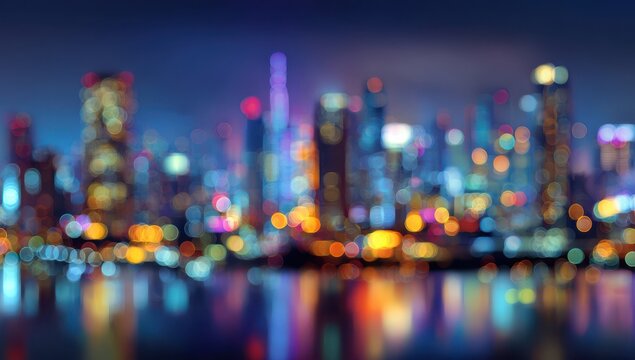 A vibrant nighttime city skyline is softly blurred with colorful light reflections dancing on the water surface below