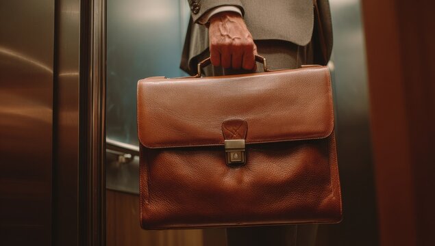 A person is shown carrying a classic worn leather briefcase while riding inside a warmly lit elevator car