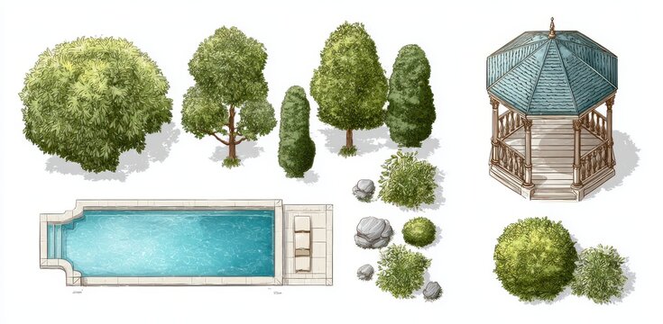 Top down view of various trees a swimming pool and a gazebo for landscape design projects