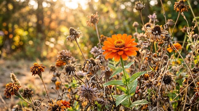 Vibrant orange poppy blooming among dried autumn wildflowers in natural setting.