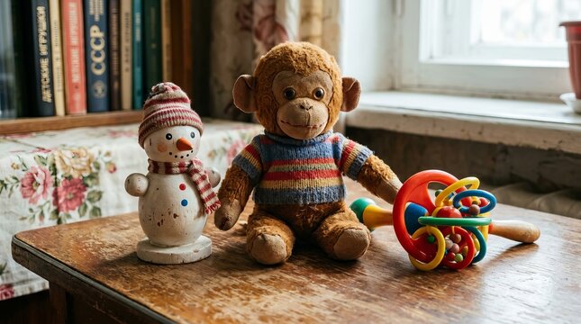 Cute stuffed monkey and snowman toys on a wooden table.