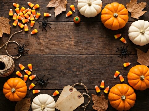 Autumn pumpkins and candy corn on rustic wooden surface
