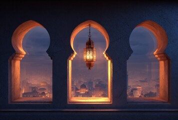 Fototapeta premium Beautiful illuminated moroccan arches perfectly frame a lively cityscape view at twilight creating a truly enchanting and magical ambiance