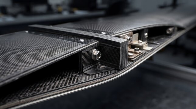 Close up of aerospace carbon fiber wing assembly with bolts