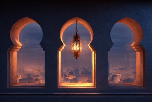 Beautiful illuminated moroccan arches perfectly frame a lively cityscape view at twilight creating a truly enchanting and magical ambiance