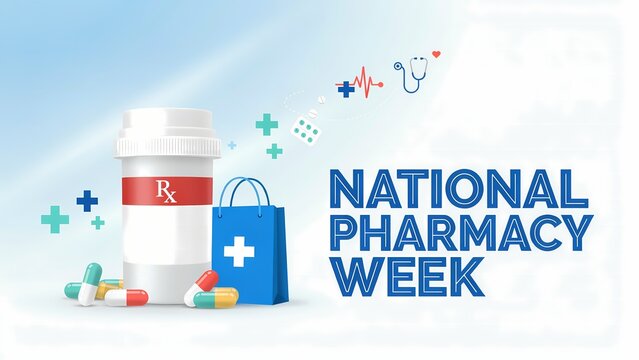 National pharmacy week banner with medicine bottle pill bag and medical icons for healthcare event