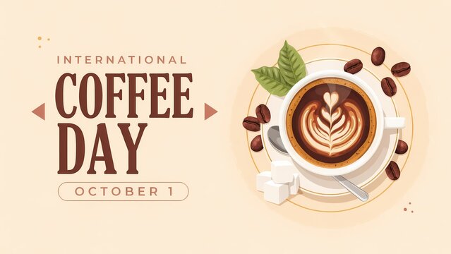 International coffee day celebration banner with a cup of hot espresso and roasted coffee beans