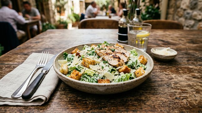 Delicious homemade meal served on rustic wooden table with fresh greens and wine.