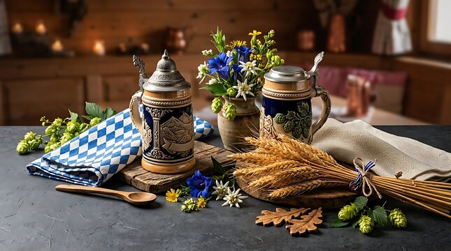 Oktoberfest beer steins with wheat and blue checkered napkin on table