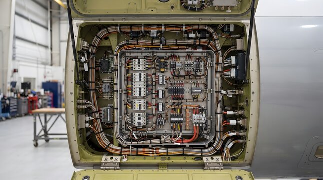 Aircraft electrical panel with complex wiring and circuit breakers