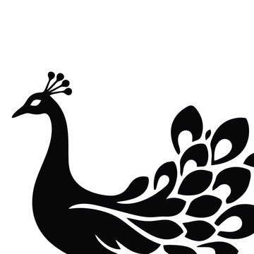 Minimalist peacock silhouette vector illustration, elegant black bird stencil icon with ornamental tail feathers, artistic peafowl logo design element for tattoo decal printing and branding