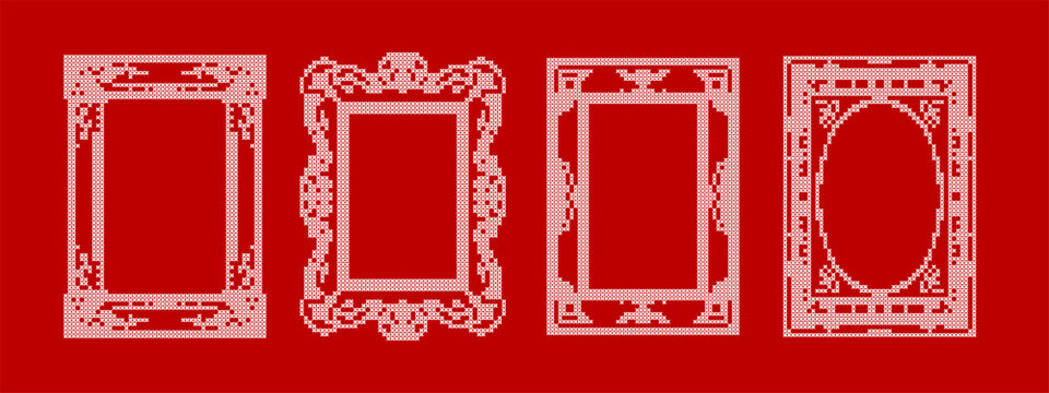 Retro pixel frame set with Y2K cyber aesthetic, stitch textures and abstract baroque borders. Neon bitmap and mosaic inspired elements for posters, zines, social media and futuristic graphic design