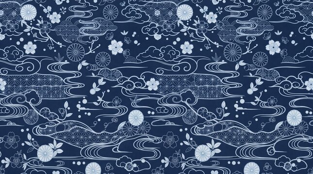Japanese floral pattern with traditional clouds on dark blue background