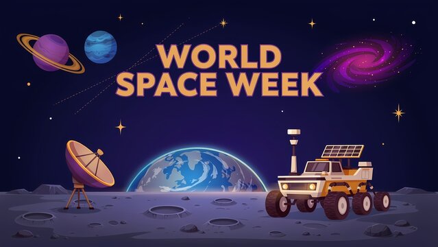 World space week text sign with planet rover satellite and stars in deep purple galaxy background