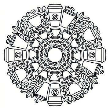 Coffee mandala coloring page outline vector illustration