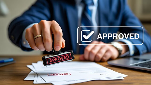 Business professional approving documents with approval stamp and signature