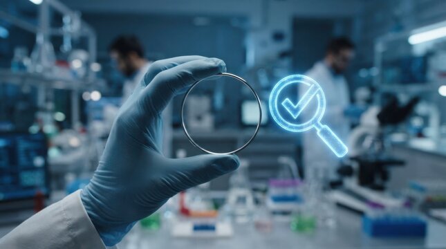 Scientist in blue gloves holding a round glass lens with a glowing digital check mark magnifying glass icon in a high tech laboratory for research and quality control