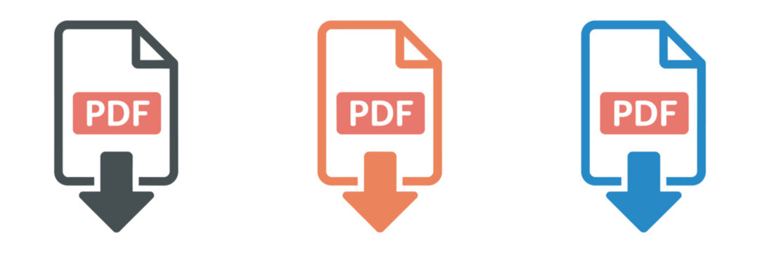 Download PDF icon set, vibrant three color document symbols for file download, digital documents, PDF files and vector illustration