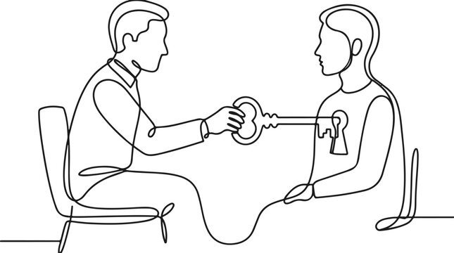 Therapist unlocking patient heart with key line drawing