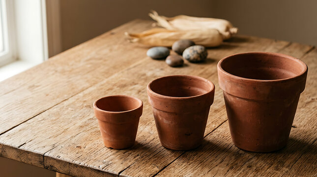 Three empty terracotta flower pots arranged on a rustic wooden table surface