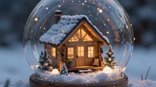Delight in this enchanting winter scene featuring a cozy cottage within a snow globe. Soft lights illuminate the snowy landscape, creating a magical festive atmosphere.