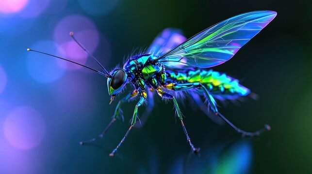 Iridescent insect with delicate, translucent wings rests in a bokehfilled, ethereal environment.